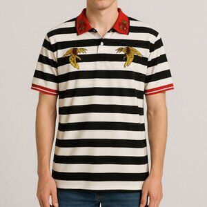 Reason Mens B&W Striped Polo Shirt w Embroided Bees & Roses Size: L